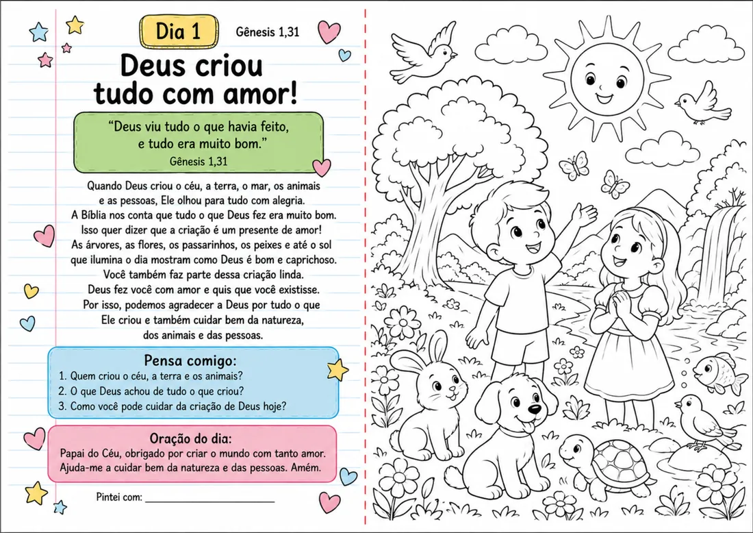Página de amostra do devocional: Deus criou tudo com amor, com desenho para colorir