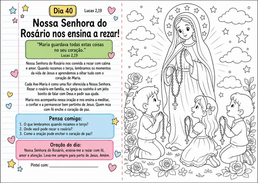 Página de amostra do devocional com reflexão, oração do dia e desenho para colorir
