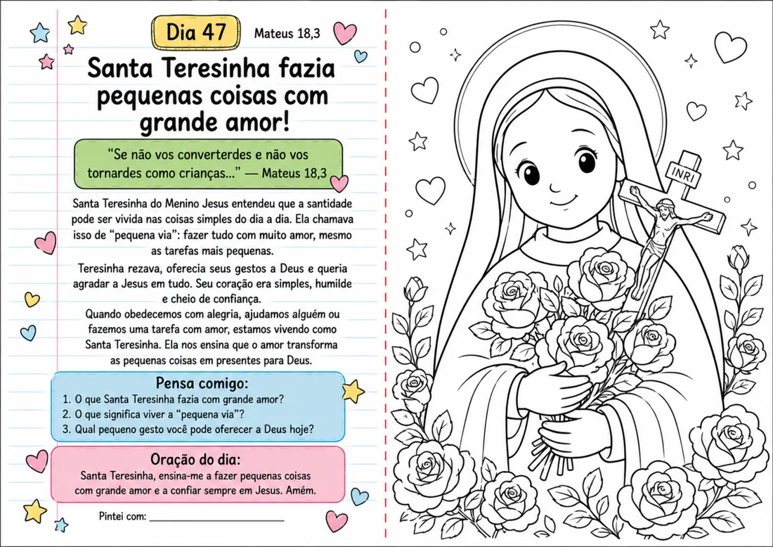 Página de amostra do devocional com reflexão, oração do dia e desenho para colorir
